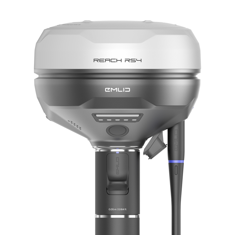Emlid Reach RS4 on a survey pole Front